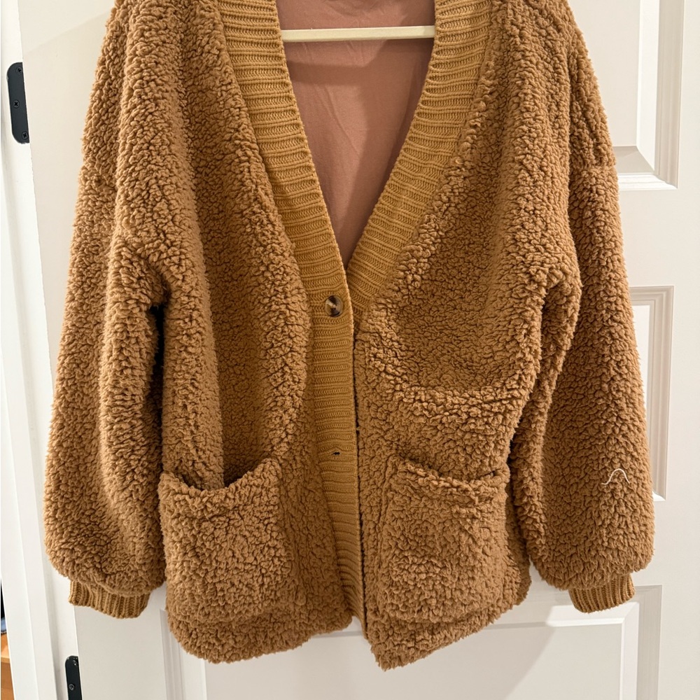 Kittenish Tan Cardigan Sweater with Plush Texture